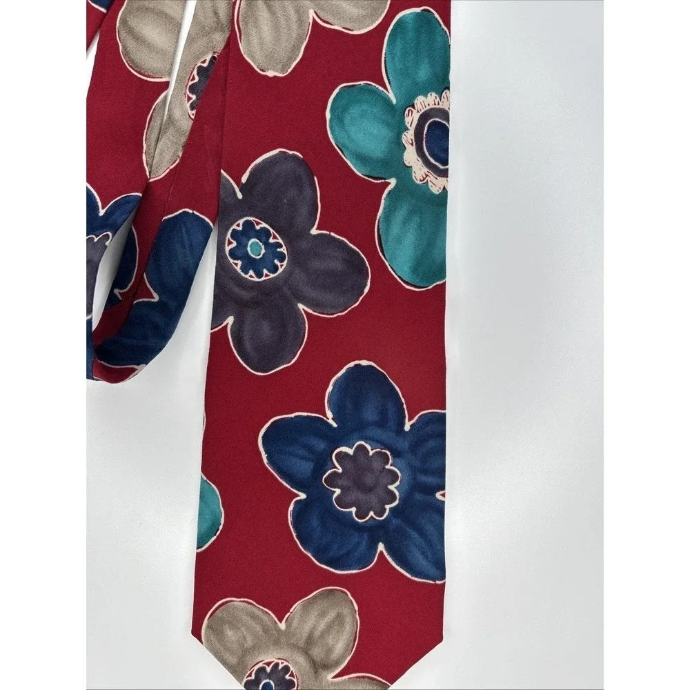 Burma Bibas Silk Tie VTG Red With Large Flowers 4 In Wide‎ Blue Purple Teal Tan